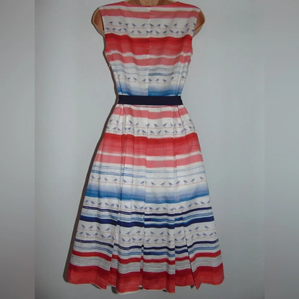 LAURA ASHLEY Seagull Stripe Beach Cotton Fit & Flare Dress Size 12 - Picture 2 of 9